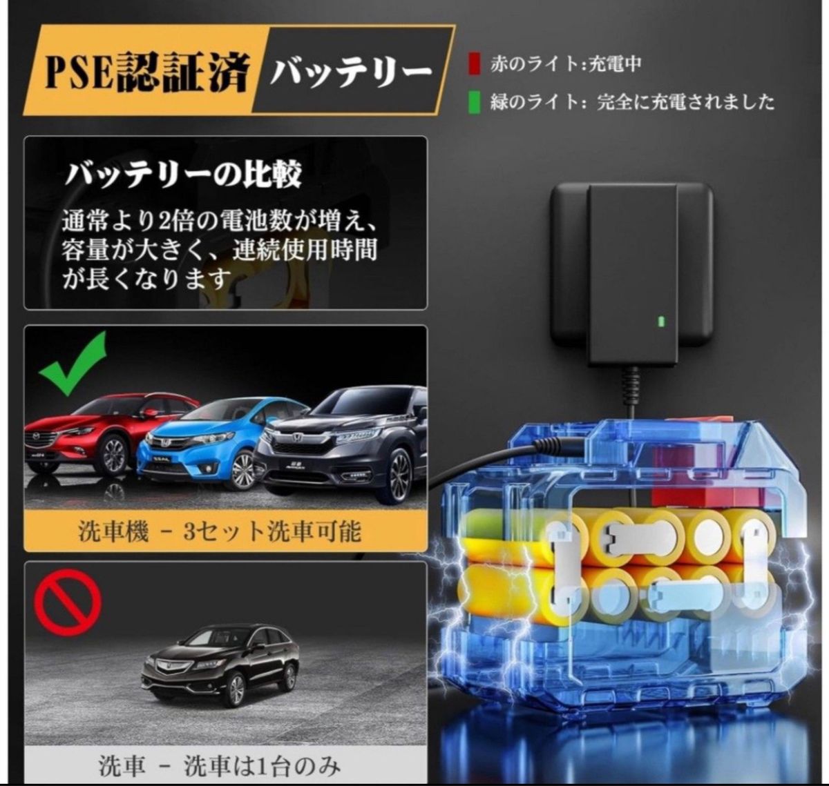 高圧洗浄機 【洗車スタッフ監修】 高圧洗浄機コードレス充電式 PSE認証済洗車機 バッテリー2個付き 5MPa圧力持ち噴射水量