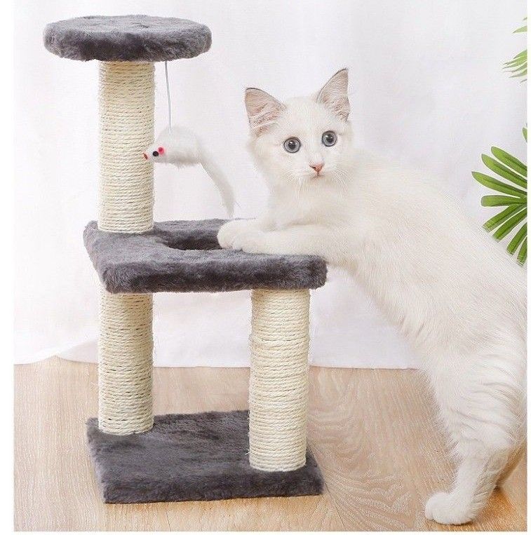 キャットタワー 組み立て簡単 爪とぎポール おもちゃ グレー  据え置き 省スペース 猫タワー