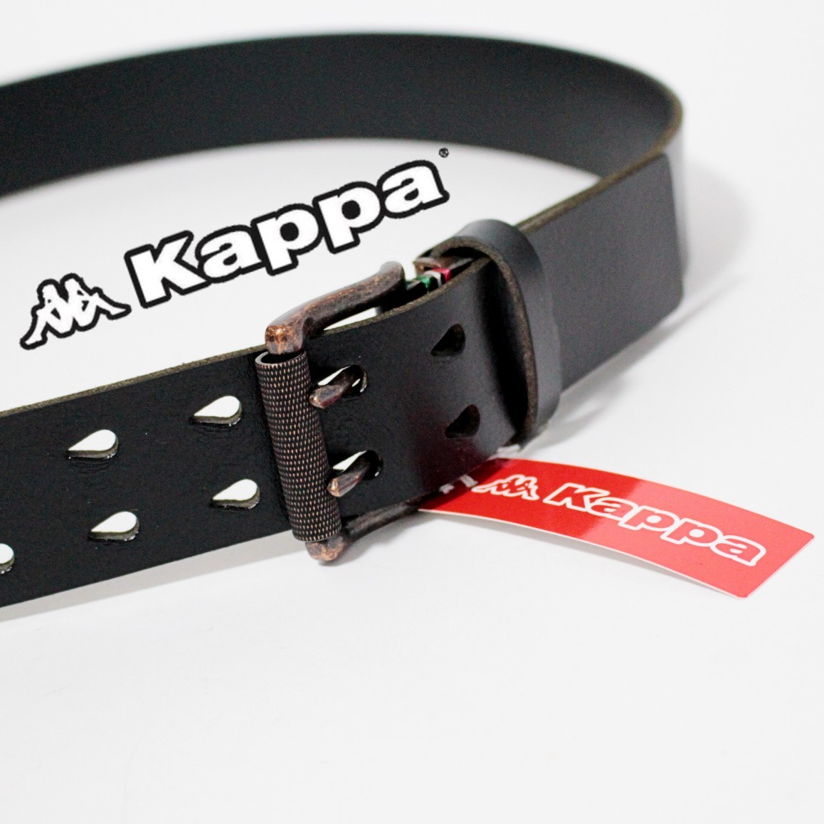 新品 Kappa カッパ ダブルピンバックル式レザーベルト カット可 ウエスト最大99cm相当 黒系　Ｋ2254_画像1