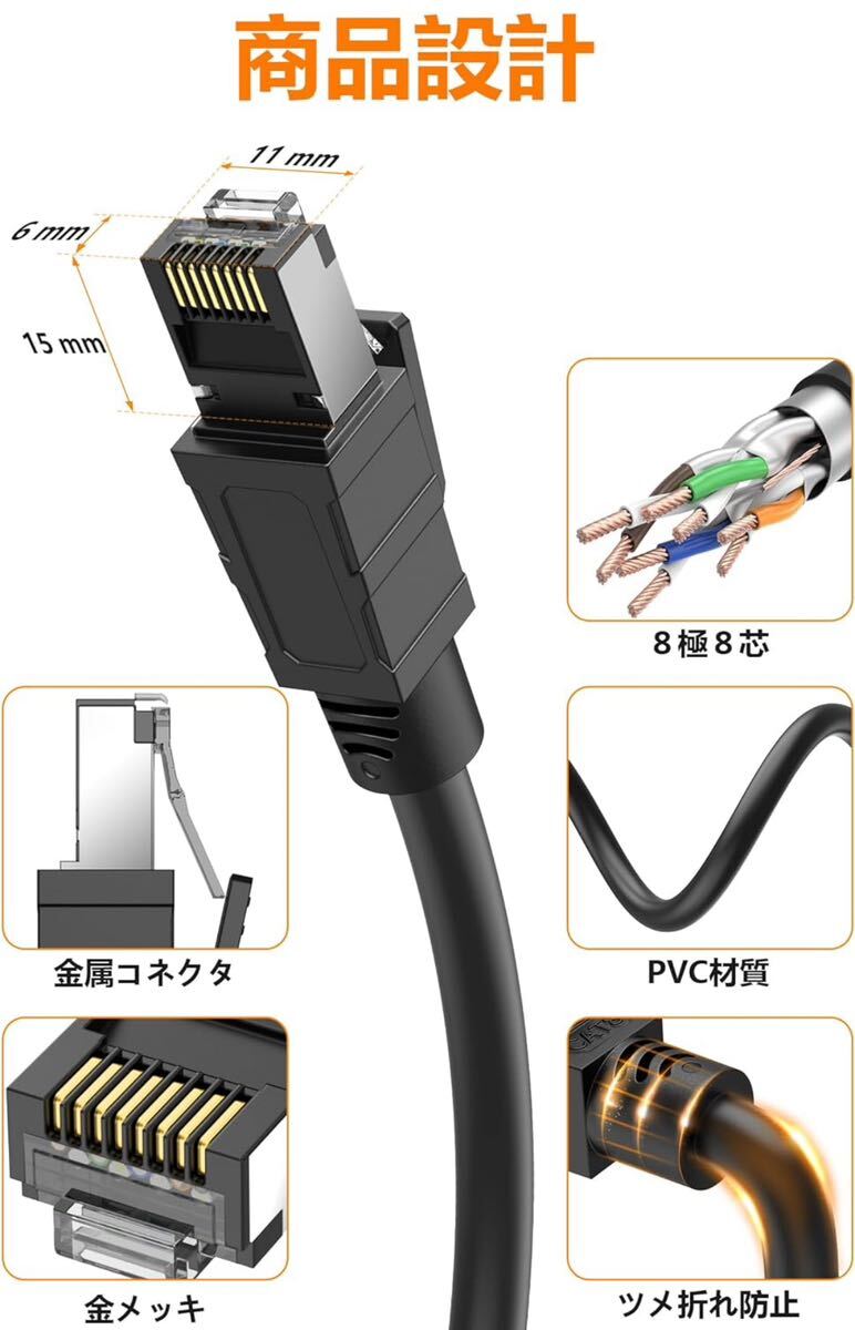 LANケーブル CAT8 10M Soohut LANケーブル カテゴリー8 40Gbps/2000MHz 超高速安定 CAT8準拠 イーサネットケーブルシールドの画像4