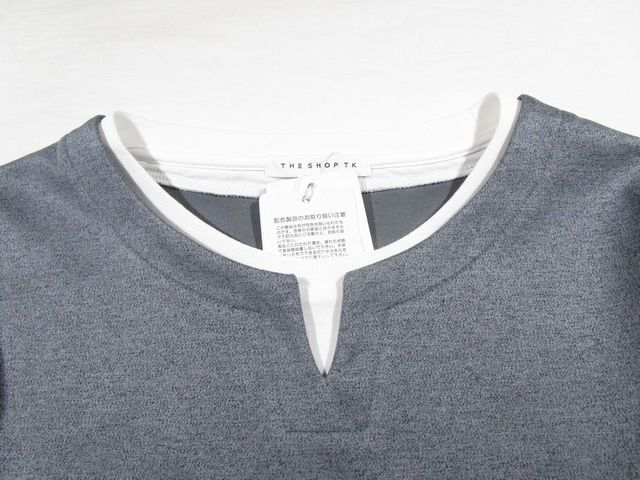 ◆F34 新品 タケオキクチ THE SHOP TK フェイクレイヤード キーネック 長袖カットソー 【 L 】 グレー系 ストレッチ 長袖Tシャツ ロンT_画像2