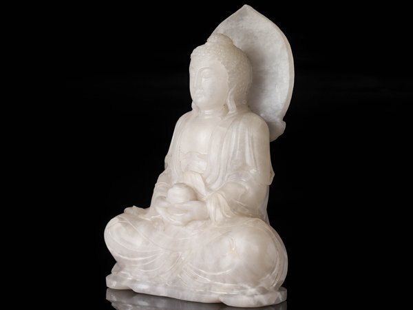 【流】仏教美術 白砡彫刻仏坐像 高25cm TR835_画像3