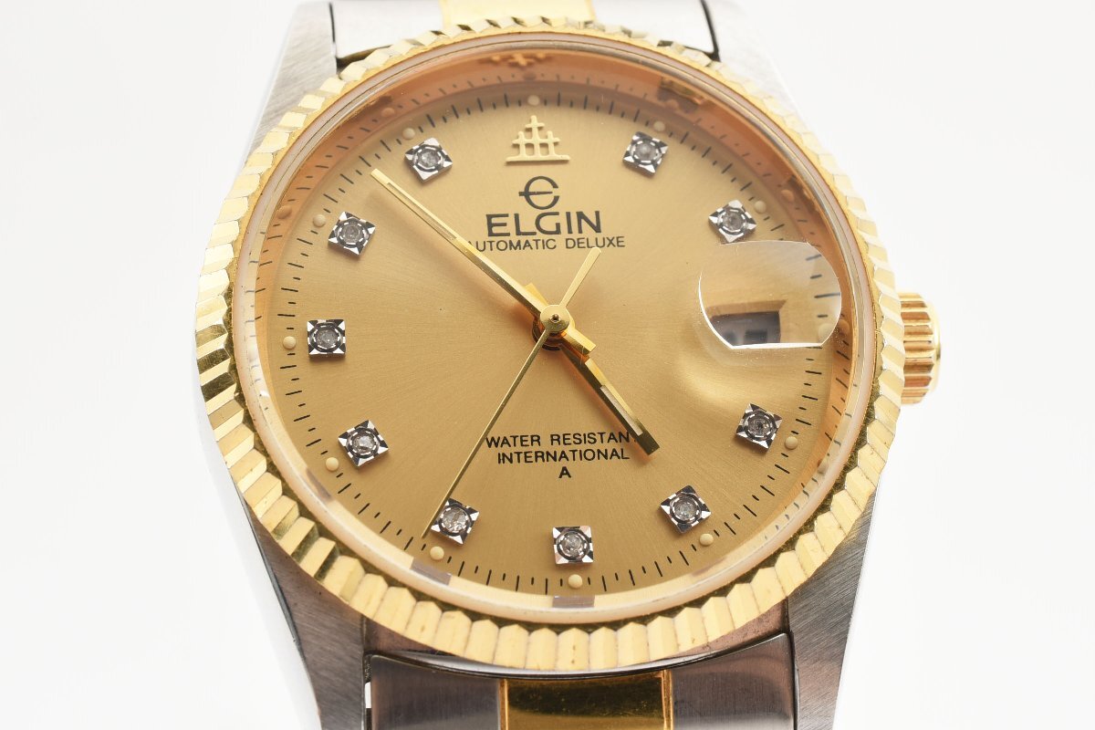 稼働品 エルジン 石付き デイト ラウンド ゴールド FK-522-A 自動巻き メンズ 腕時計 ELGIN_画像1
