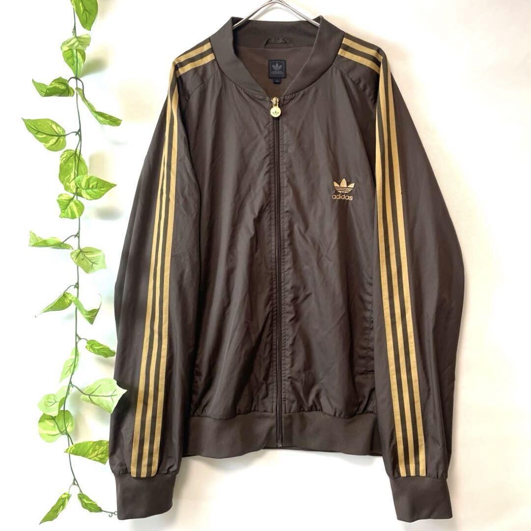 希少5XLサイズ/ブラウン×ゴールド／adidas アディダス トラックジャケット ジャージ アウター ブルゾン 茶色 金 Y2K 00s 切替 ロゴジップ_画像2