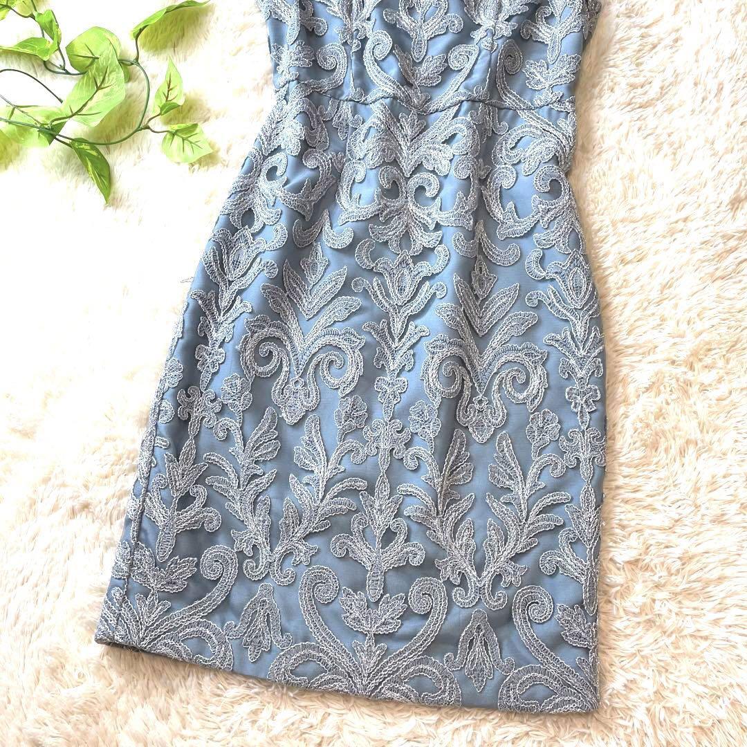 高級感★グレースコンチネンタル ダイアグラム ワンピース 36 S 刺繍 総柄 青 水色 ブルー 結婚式 花 フラワー フォーマル セレモニー　