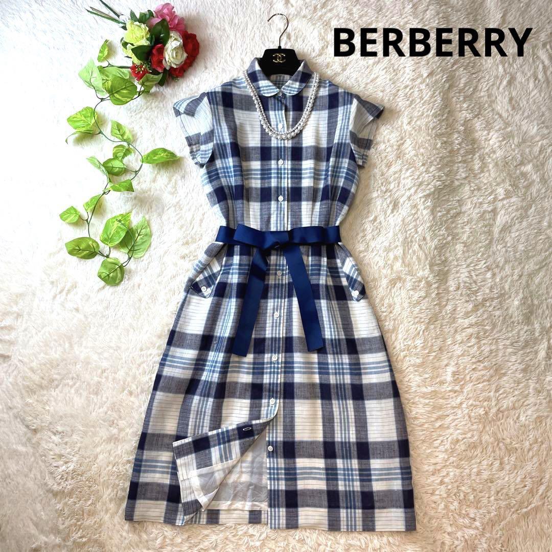 清楚★BURBERRY　バーバリー　ワンピース　チェック　リボン　M 半袖　青　ブルー　水色　Aライン 春夏 フレア 美シルエット 高級感 清楚_画像1