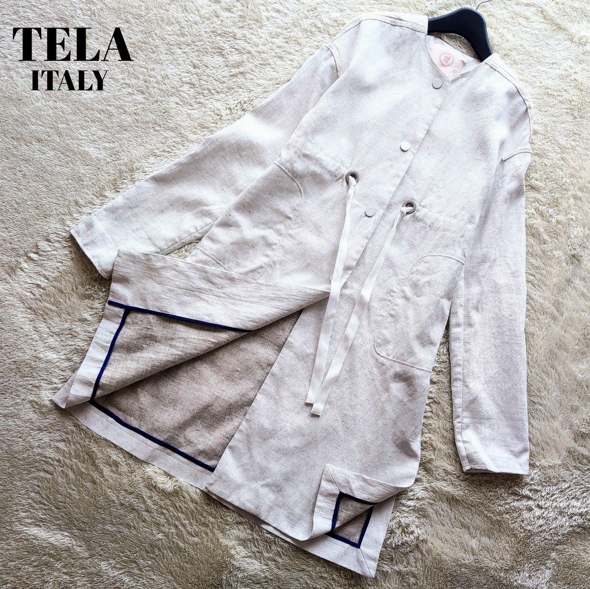 【美品】 TELA リネンコーティングコート M相当 ノーカラー レディース テラ イタリア スプリングコート ロングコート 【美品】 TELA リネンコーティングコート M相当 ノーカラー レディース テラ イタリア スプリングコート ロングコート