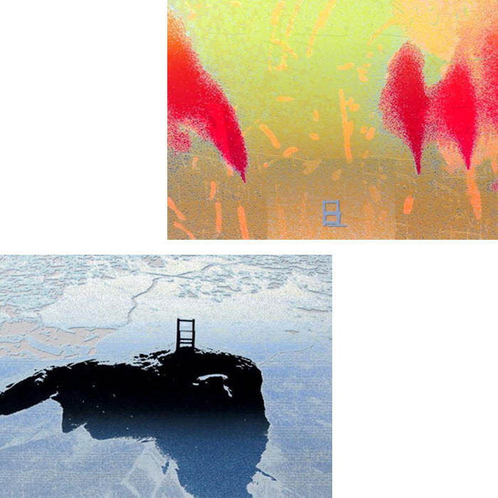 【GINZA絵画館】森岡完介　版画「Wind　９９－１　Susanoh」「drift－ice　９４－５Ｐ」直筆サイン・大判シート２枚組