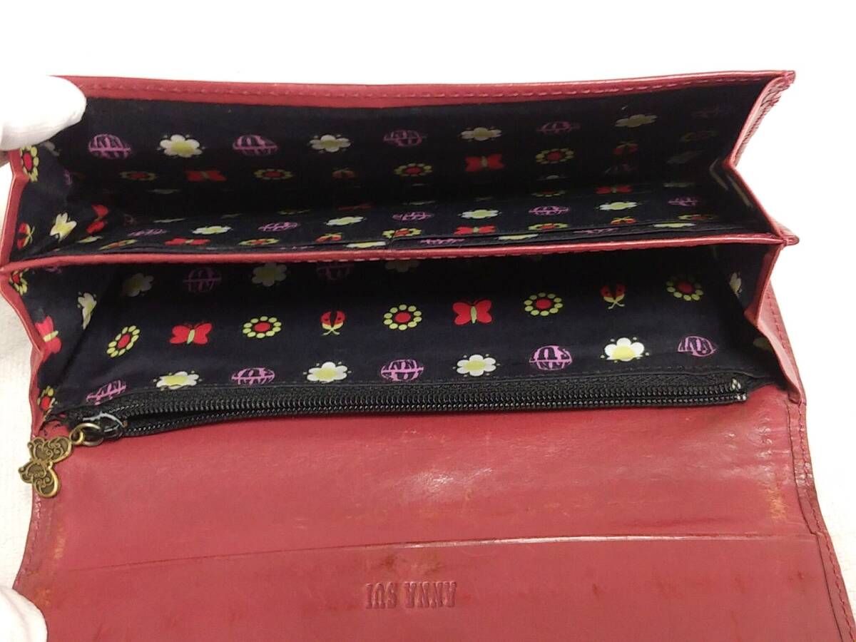 ANNA SUI アナスイ オールレザーロングウォレット 二つ折り長財布 ボルドー系 レディース財布 編み込み がま口 カードケースの画像9