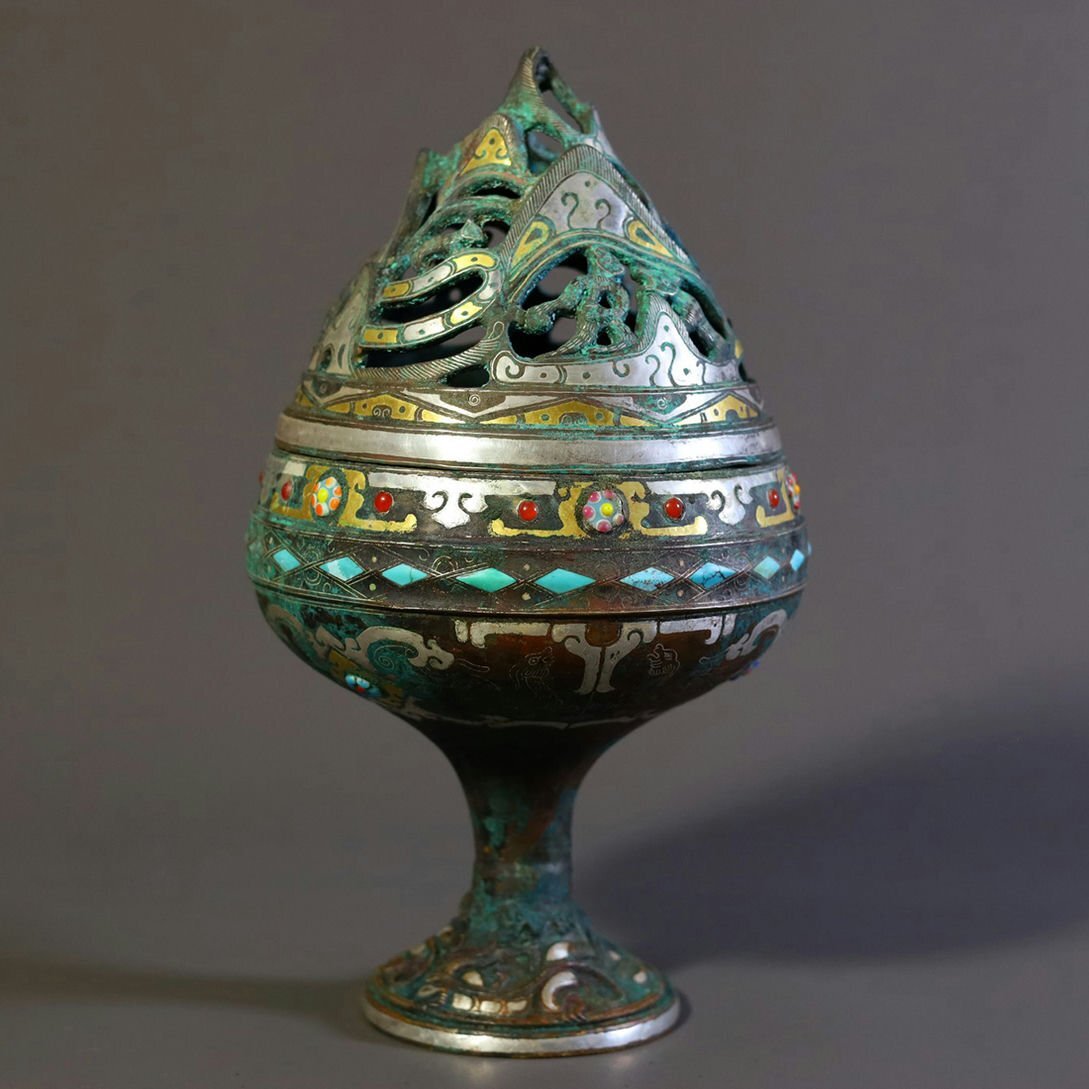 ■観心・時代旧蔵■C153戦漢時代 青銅器 青銅錯金銀博山炉 細工彫刻★細密細工★古置物★古賞物★古擺件★蒐集家放出★唐物
