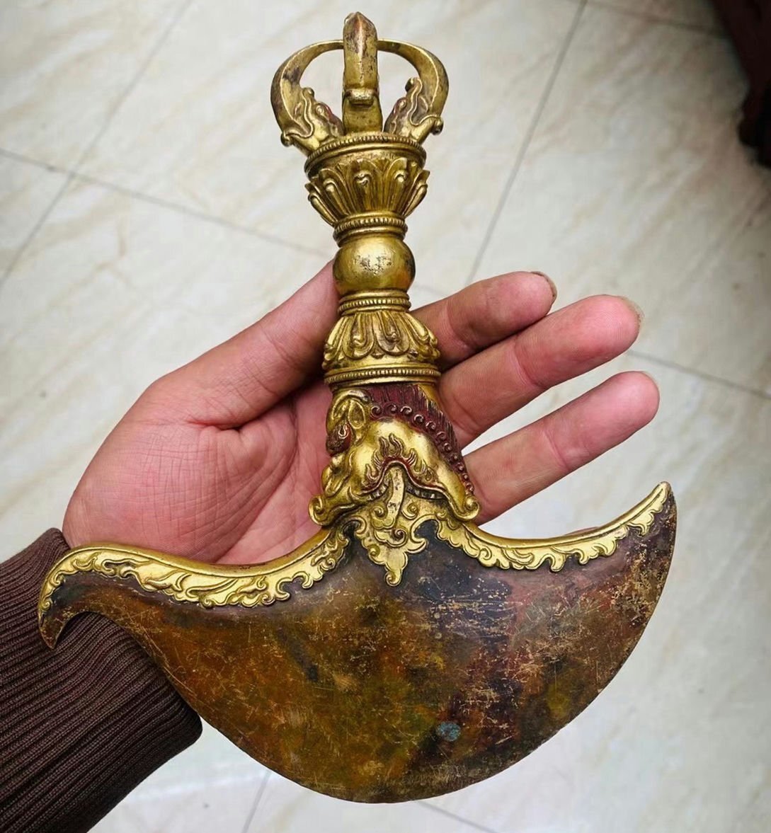 ■観心・時代旧蔵■C237清時代 仏教古美術 チベット密教 銅塗金 鉞刀 古法器★細密細工★廃寺旧蔵★廃寺買出品