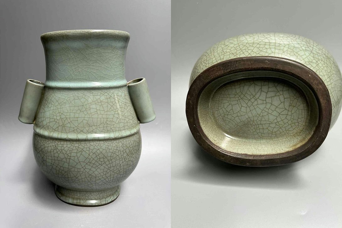■観心・時代旧蔵■C1455南宋 官窯 粉青釉弦紋貫耳瓶・時代物・古陶磁・古賞物・旧家買出品