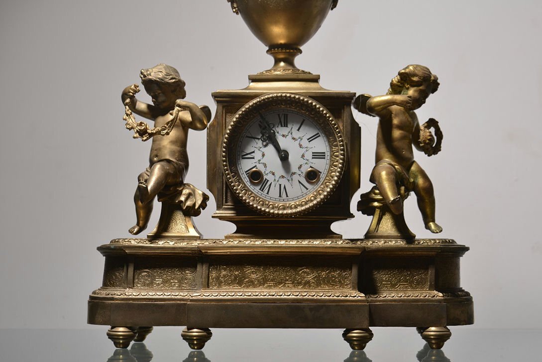 ■観心・時代旧蔵■C509時代物 銅塗金壁炉鐘 置時計_画像4