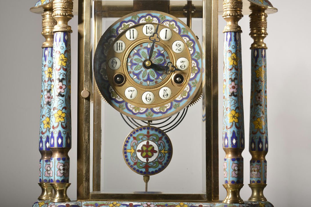 ■観心・時代旧蔵■C506十九世紀フランス銅製琺瑯嵌玉石四明鐘 置時計_画像4