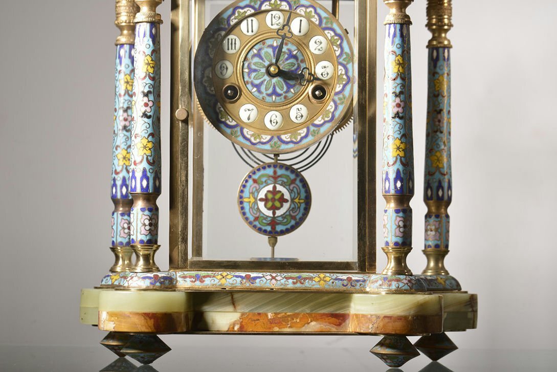 ■観心・時代旧蔵■C506十九世紀フランス銅製琺瑯嵌玉石四明鐘 置時計_画像3