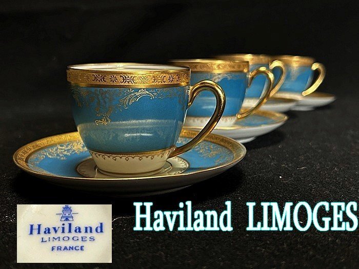 * античный * редкий товар [ Haviland LIMOGES{ Haviland Limo -ju} cup & блюдце 4 покупатель ] бирюзовый голубой . впечатление .P03325TTT