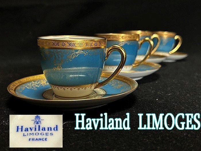 ◇アンティーク◇希少品【 Haviland LIMOGES≪アビランド リモージュ≫カップ＆ソーサー 4客】ターコイズブルーが印象的 P03325TTTの画像1