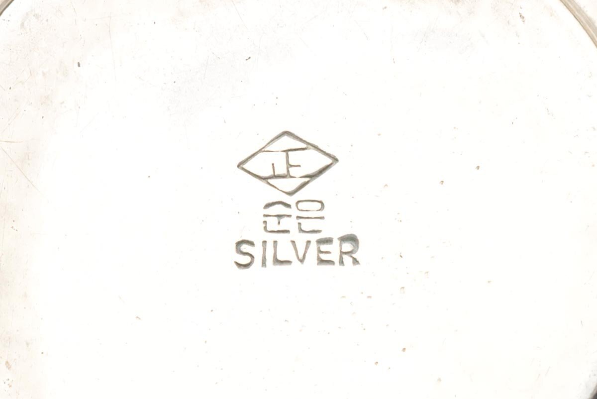 ER085 韓国/朝鮮銀細工 銀製 ティーポット & ティーカップセット 三点 総重650g 純銀ハングル・SILVER刻・シルバーティーセットの画像10