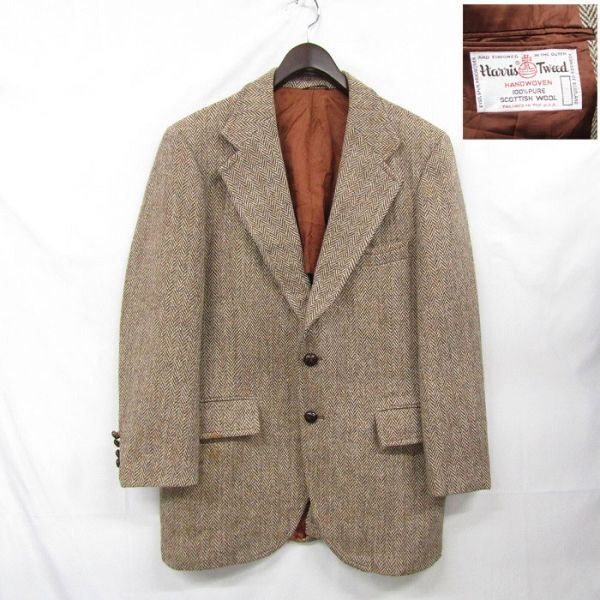 サイズ ？ Harris tweed ウール ツイード テーラード ジャケット ブレザー ブラウン ハリスツイード 古着 ビンテージ 3MA0404_画像1