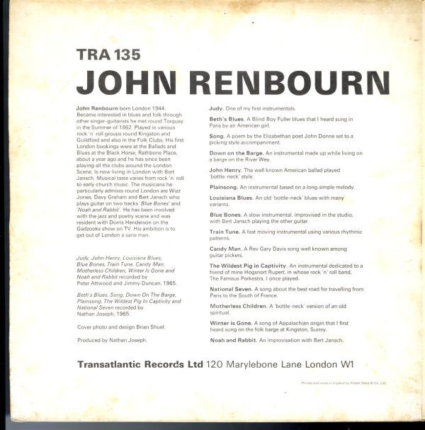 UKオリジLP！MONO盤 John Renbourn / S.T. 66年【Transatlantic / TRA 135】ジョン・レンボーン Bert Jansch フォーク トラッド ブルースの画像3