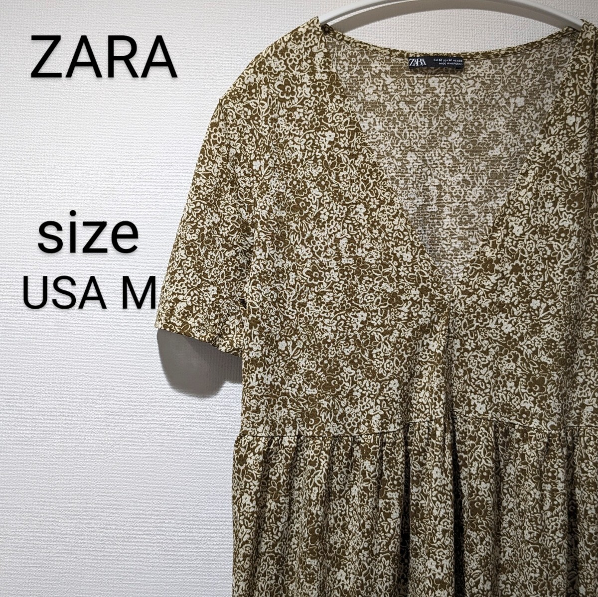 ZARA　ザラ　ロングワンピース　ブイネック　花総柄　黄土色系 8　Lサイズ相当 レディース　婦人服　半袖　春先にも◎　人気ブランド_画像1