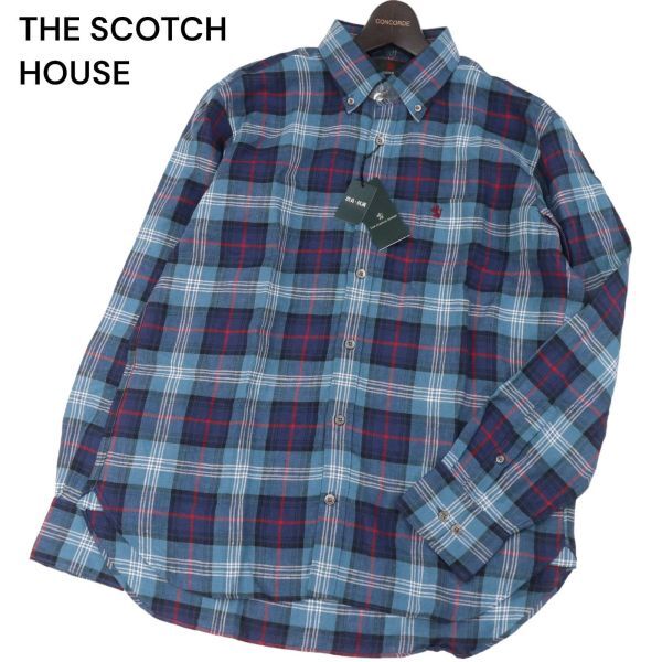 【新品 未使用】 THE SCOTCH HOUSE スコッチハウス 春夏 ロゴ刺繍★ 麻100% 長袖 リネン チェック シャツ Sz.L　メンズ　I4T00713_3#A_画像1