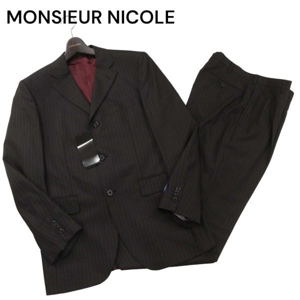 【新品 未使用】 MONSIEUR NICOLE ムッシュ ニコル 通年 SUPER100'S★ 3B ストライプ セットアップ スーツ Sz.46　メンズ　I4T00681_3#O_画像1