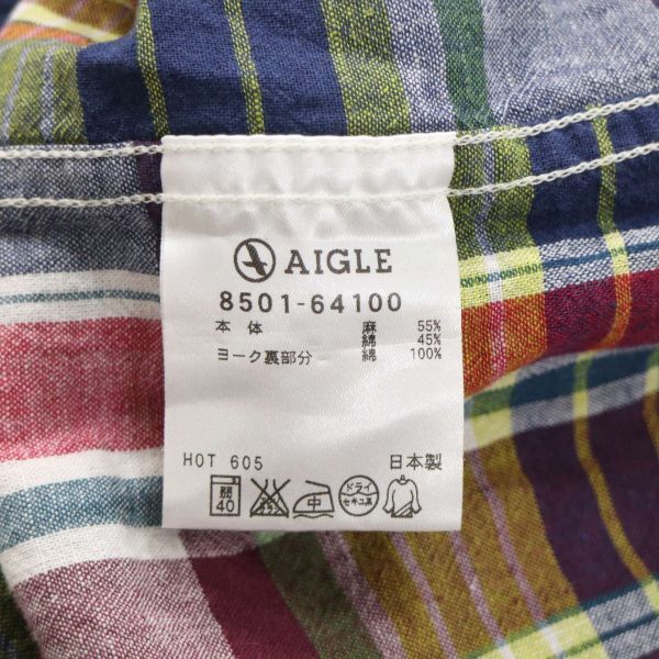 AIGLE エーグル 春夏 リネン&コットン★ 7分袖 マドラス チェック シャツ Sz.M　メンズ アウトドア　I4T00727_3#A_画像6