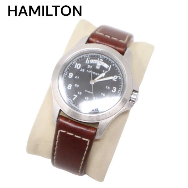 HAMILTON ハミルトン H644510 カーキ キング 黒文字盤 クォーツ 腕時計 Sz.F　メンズ レザーベルト 不動　I4G00080_3#U_画像2