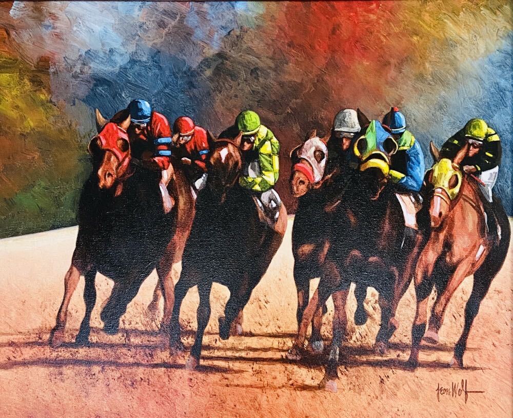 競走馬の迫力 アメリカンアーティストLeon Wolf レオン ウルフ【競馬】 油彩画 肉筆_画像2