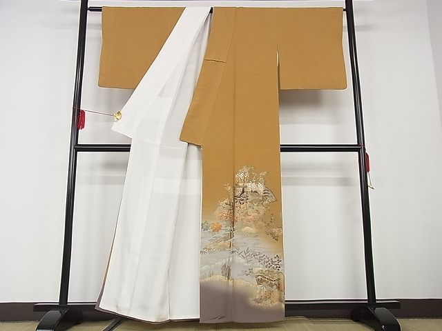 平和屋川間店■豪華色留袖 地紙風景花文 暈し染め 金彩 着丈157cm 裄丈65cm 正絹 逸品 B-jd1693の画像2