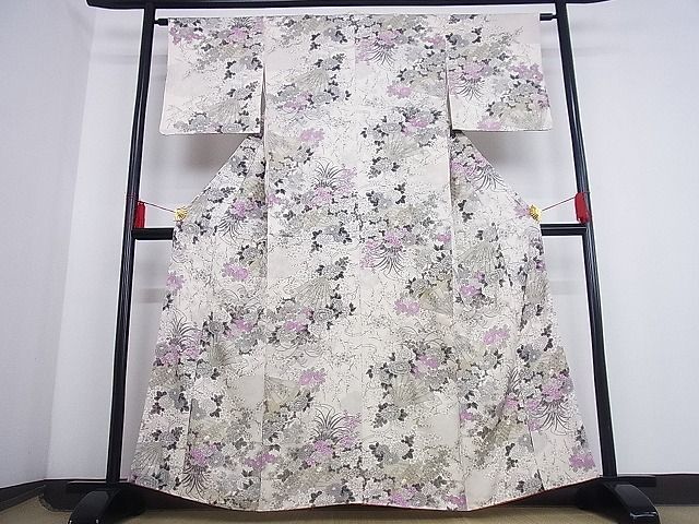 平和屋川間店■上質な小紋　手描き　檜扇花文　金彩　着丈160cm　裄丈62cm　正絹　逸品　B-ey3125_画像2