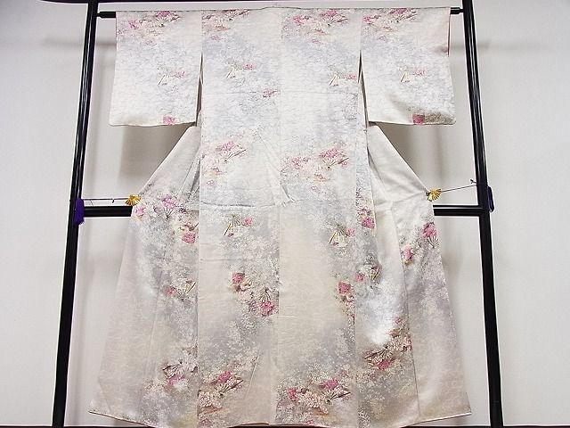 平和屋川間店■上質な小紋　舞扇草花文　金彩　着丈147.5cm　裄丈60.5cm　正絹　逸品　B-ph6875_画像2