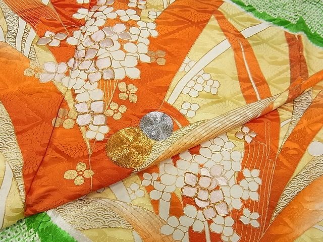 平和屋川間店■豪華振袖　駒刺繍　絞り　露草花文　暈し染め　金銀糸　着丈161cm　裄丈67cm　正絹　逸品　B-np8545_画像5