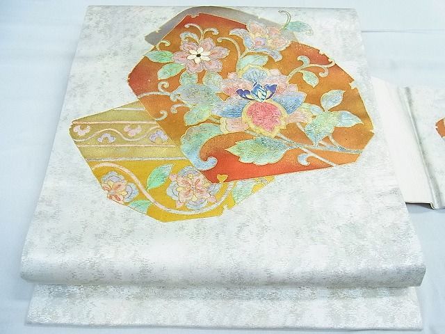 平和屋1■九寸名古屋帯　螺鈿　破れ色紙花唐草文　金銀彩　逸品　in0497_画像1