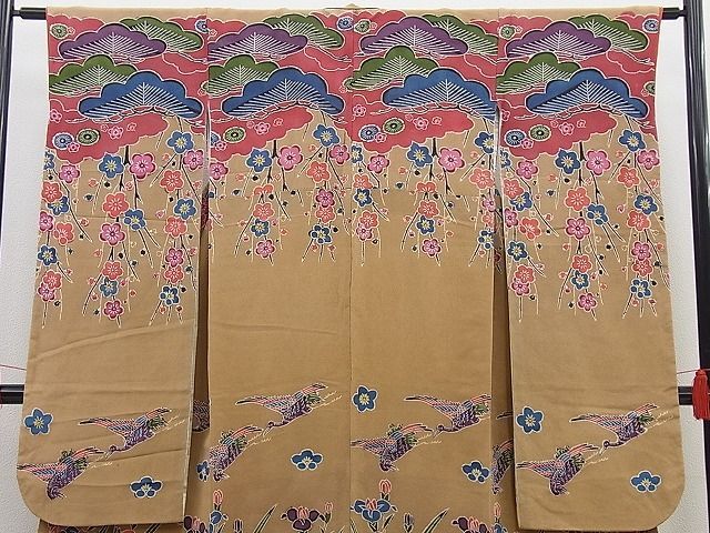 平和屋野田店■豪華振袖　紅型　飛鶴梅松杜若文　鬼しぼ縮緬　逸品　n-cw0961_画像3