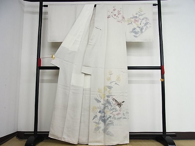 平和屋-こころ店■訪問着　作家物　手描き　草花に雀　着丈160.5cm　裄丈64cm　正絹　逸品　1B-np2801_画像2