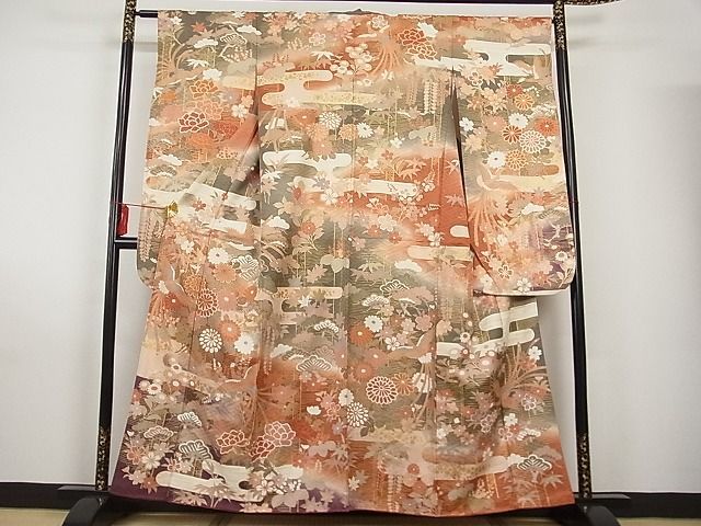 平和屋-こころ店■豪華振袖　駒刺繍　花鳥霞文　暈し染め　金彩　着丈156.5cm　裄丈63cm　正絹　逸品　A-br7946_画像1