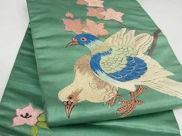 平和屋-こころ店●極上　アンティーク　大正ロマン　九寸名古屋帯　総刺繍　鳩　金銀糸　正絹　逸品　3kk4583_画像7