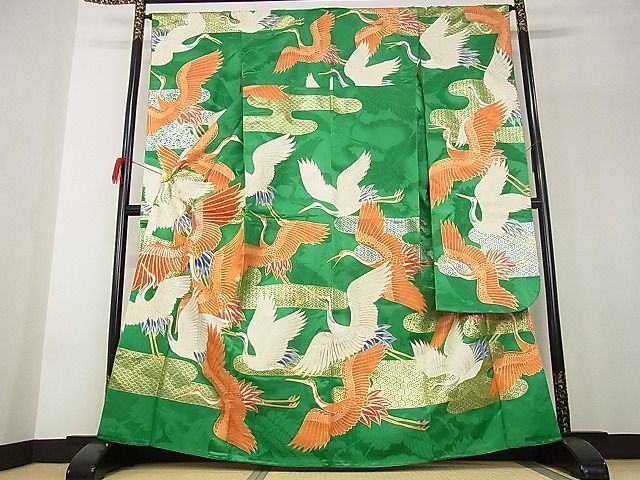 平和屋-こころ店■豪華振袖　駒刺繍　群鶴文　金糸　金銀彩　着丈163.5cm　裄丈65cm　正絹　逸品　A-ja5891_画像1