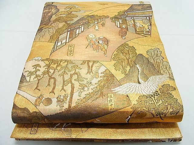 平和屋1■全通柄袋帯　東海道名所絵図　本金二重箔　逸品　in0536_画像1