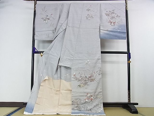 平和屋2■訪問着　本生紬　作家物　仮絵羽　水辺風景　証紙付き　逸品　未使用　eee7830_画像2