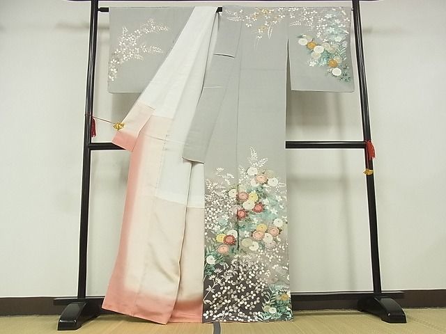 平和屋-こころ店■英王室献上友禅作家　木下勝功　訪問着　刺繍　草花文　金銀彩　着丈163cm　裄丈66.5cm　正絹　逸品　B-zg9280_画像3