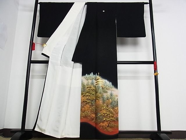  flat peace shop - here . shop # gorgeous kurotomesode author thing hand .. piece embroidery scenery .. writing .. dyeing gold paint dress length 158cm sleeve length 66cm silk excellent article B-oa8886
