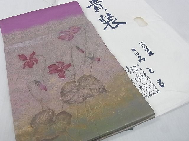 平和屋2■青山みとも　太鼓柄袋帯　草花文　引箔　たとう紙付き　逸品　ea2687_画像1