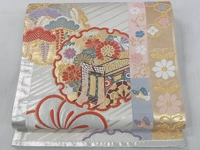 平和屋2■六通柄袋帯　唐織　雪輪飛鶴吉祥花文　金銀糸　逸品　ea2690_画像1