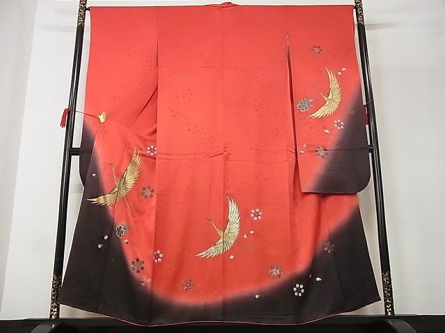 平和屋-こころ店■豪華振袖　飛鶴花文　暈し染め　金彩　着丈155cm　裄丈65.5cm　正絹　逸品　A-ja5936_画像1