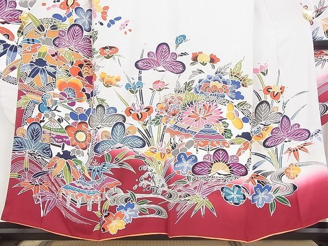 平和屋-こころ店■豪華振袖　紅型　風景花鳥文　暈し染め　着丈152.5cm　裄丈66cm　正絹　逸品　A-ta8994_画像3