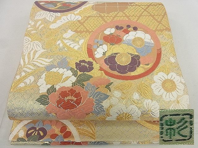 平和屋2■銀座きしや　佐賀錦　六通柄袋帯　唐織　花丸文　金糸　逸品　du4618_画像1