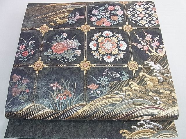 平和屋2■六通柄袋帯　唐織　四君子彩波　金銀糸　逸品　1ic1074_画像1